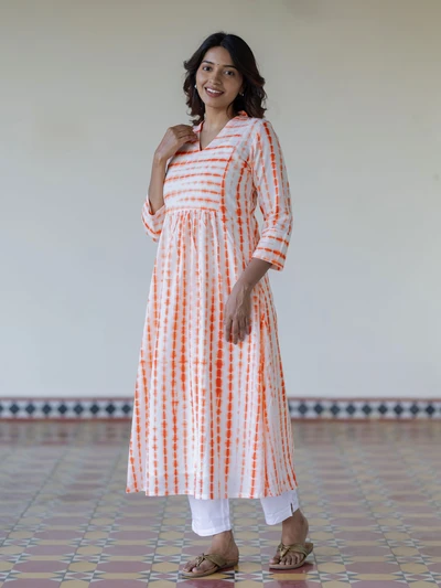 Orange & White Tie-Dye A-Line Kurta