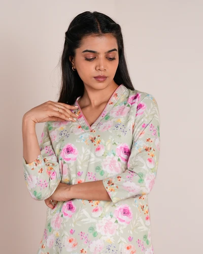 Lemon Green linen Floral Kurta