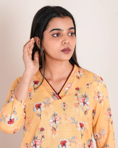 Yellow Linen Floral Kurta