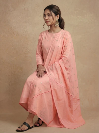 Peach Bloom Embroidered A-Line Co-ord Set With Dupatta
