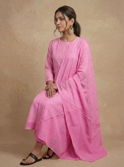 Pink Lychee Embroidered A-Line Co-ord Set With Dupatta