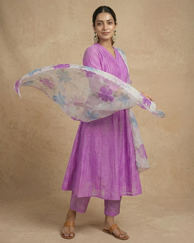 Lavender Leaf Embroidered Chanderi Kurta Set With Dupatta
