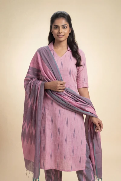 Pink Smoke Ikkat Kurta Set With Dupatta
