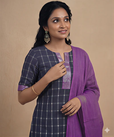 Navy Check Chungidi With Lavender Peacock Border Kurta Set With Dupatta
