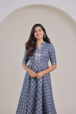 Grey Check Chungidi With Peacock Border A-Line Kurta Set With Dupatta