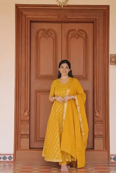 Yellow Check Chungidi With Peacock Border A-Line Kurta Set With Dupatta