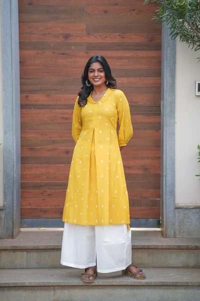 Mustard Champa Notch Collar Handloom A-Line Kurta