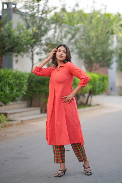 Sindoor Checks Handloom A-Line Kurta Set