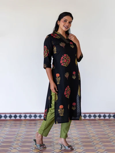 Black Floral Cotton Kurta