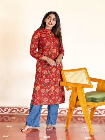 Rust Red Floral Cotton Kurta