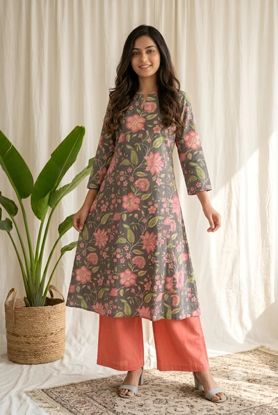 Coral Bloom A-Line Kurta Set