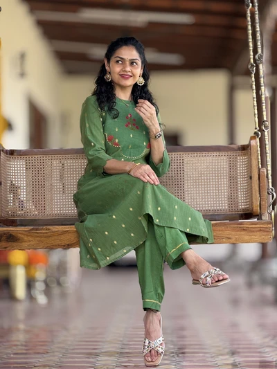 Parrot Green Chanderi Kurta Set