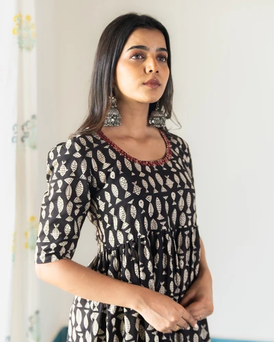Black Fish Print Kurta
