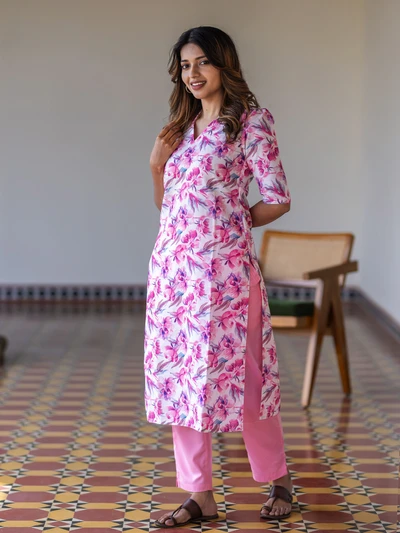 Pink Floral Linen Kurta