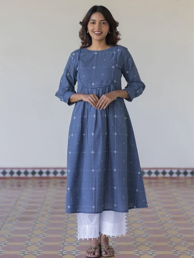 Navy Handloom Checkered A-Line Kurta